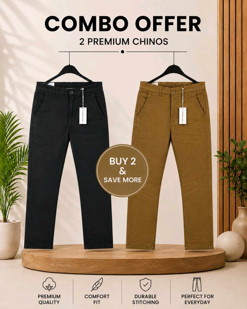 *Combo Offer* Premium Export Gabardine Pant(Black+Camel Brown)